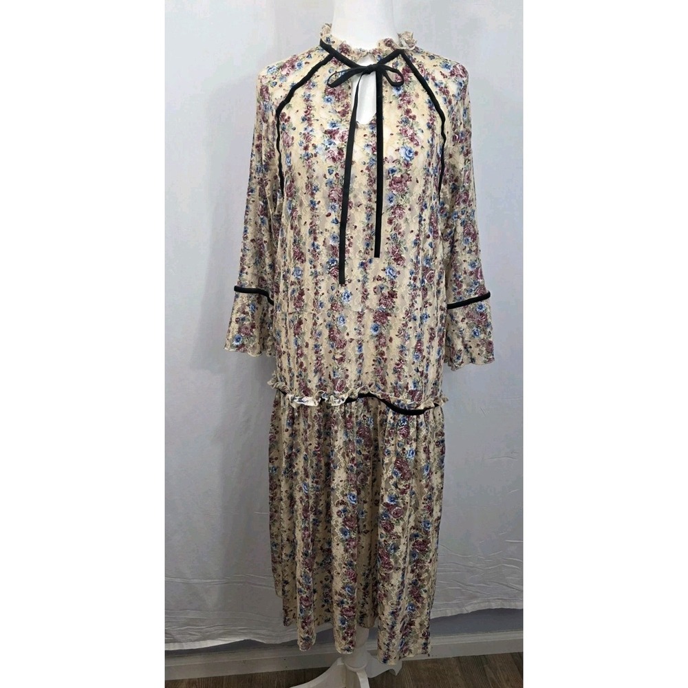 POL Long Sleeve Floral Maxi Dress Pleated Ruffle High Neck Feminine Women's S